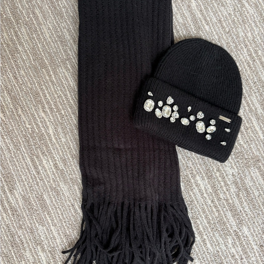 Steve Madden Black Scarf and Rhinestone Beanie Set